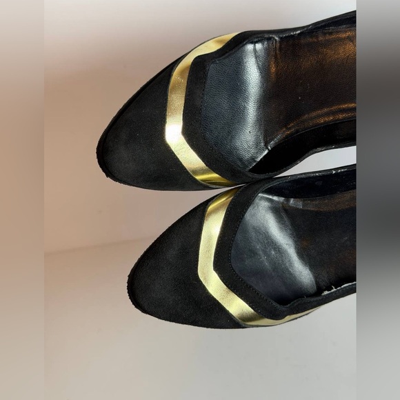 Gucci Black Suede Heels w Gold Metallic Inlay Size 36 - Picture 4 of 13